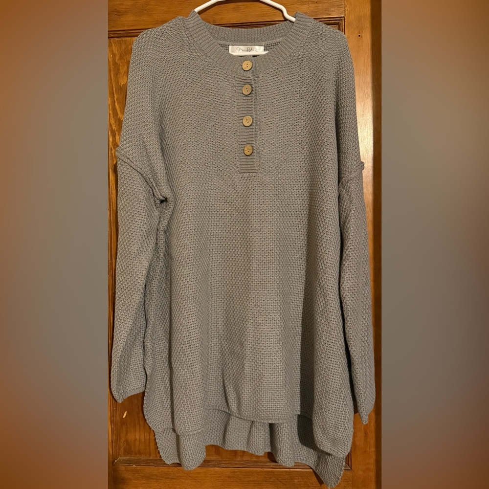 Women’s Gray Waffle Knit Sweater with Button Detail